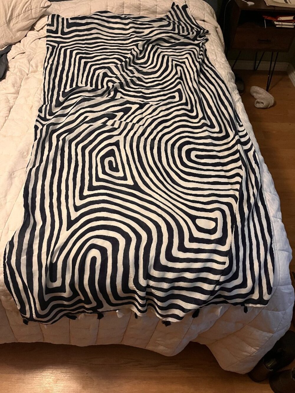 Large lightweight scarf with poms on the ends